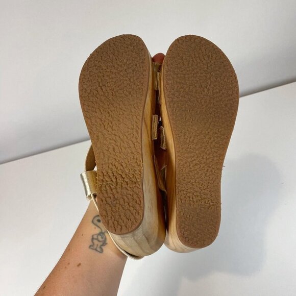 Free People Slingback Strappy Wedge Sandals Metallic Gold Size 37 Leather Heel - Picture 6 of 10